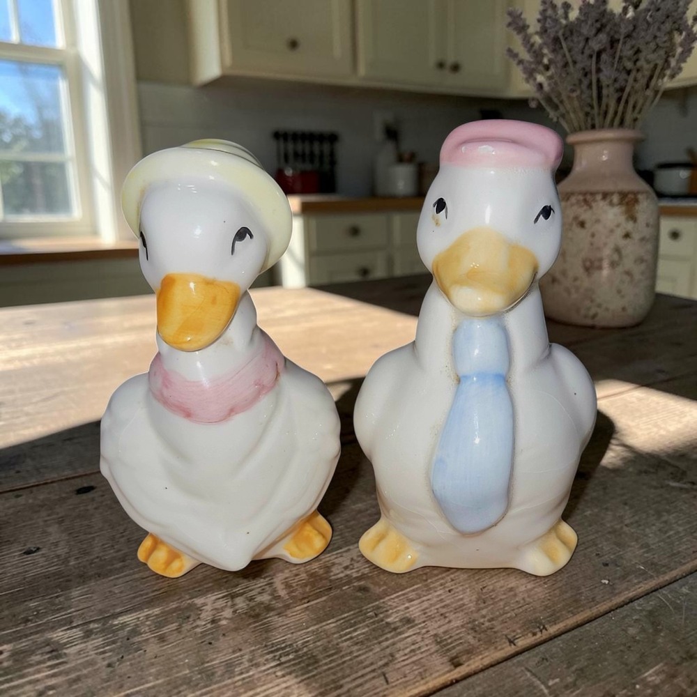 Vintage Ceramic Duck Goose Salt & Pepper Shakers Pair Bonnet Hat Hand Painted